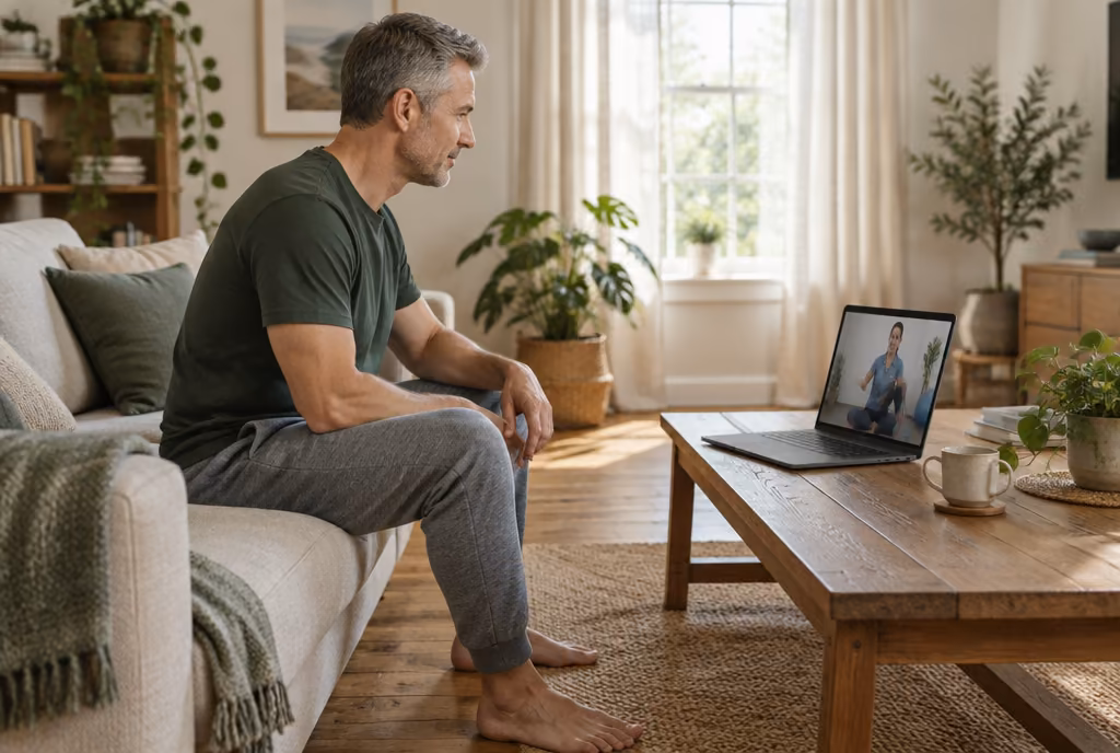 A man sitting on his sofa at home during a video physical therapy visit on a laptop