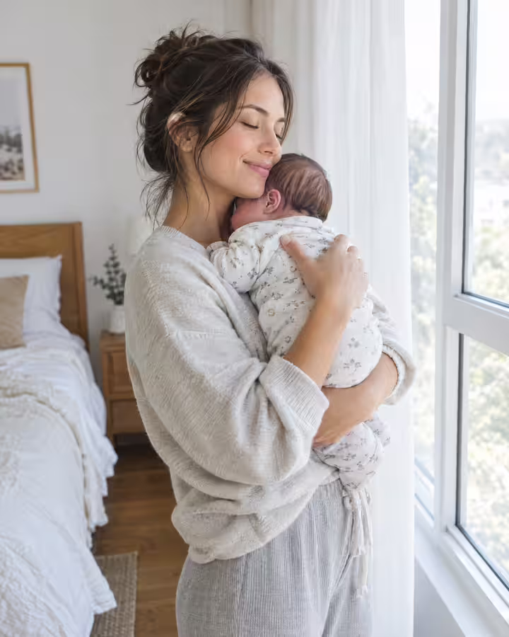A mother holding her newborn by a bright window