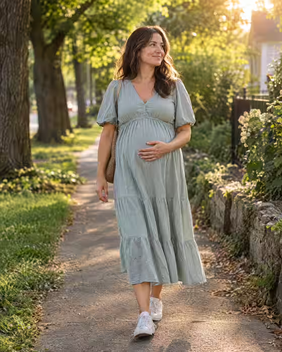 A pregnant woman walking along a tree-lined path